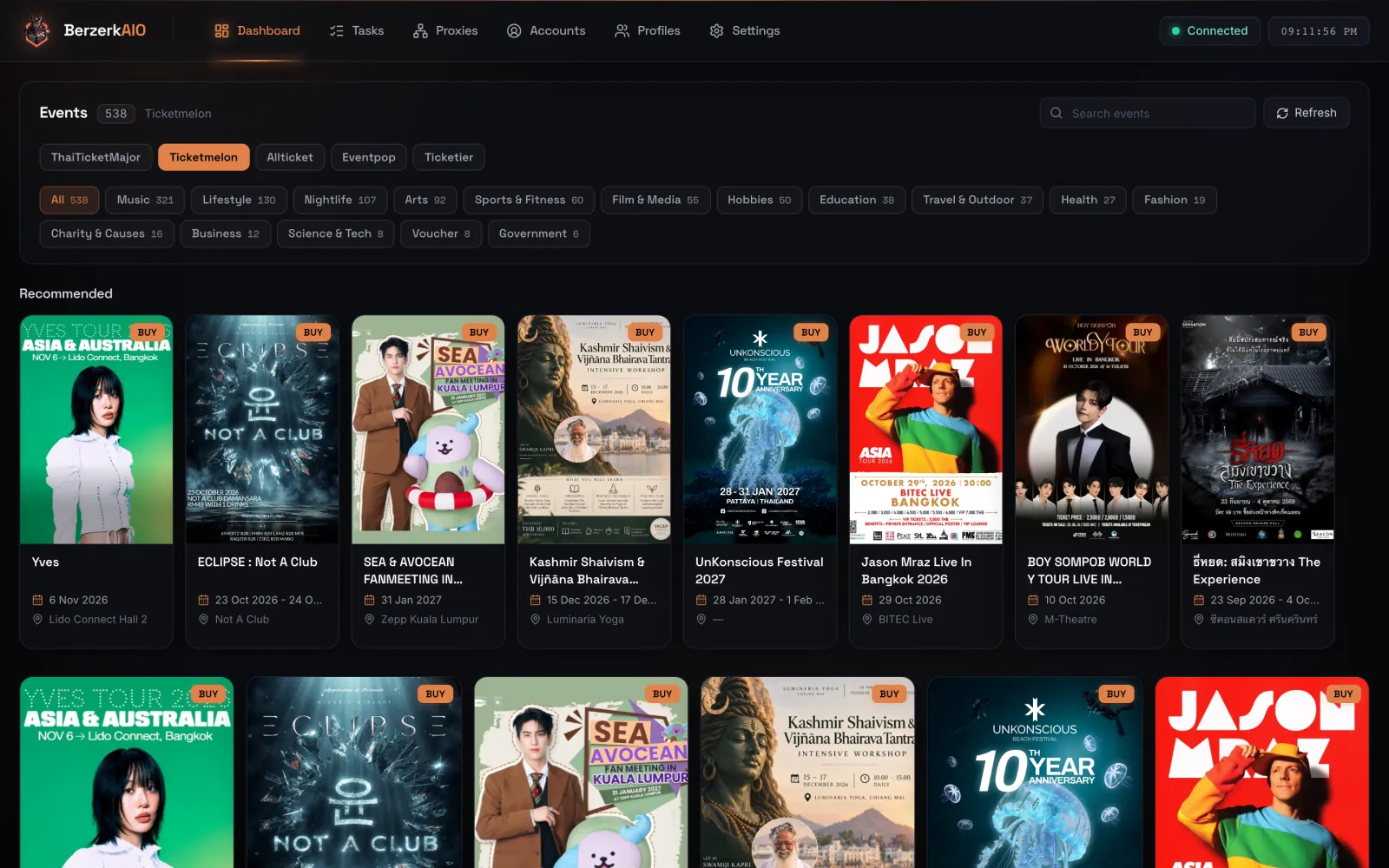 BerzerkAIO dashboard showing the Ticketmelon catalog with event posters, dates and venues