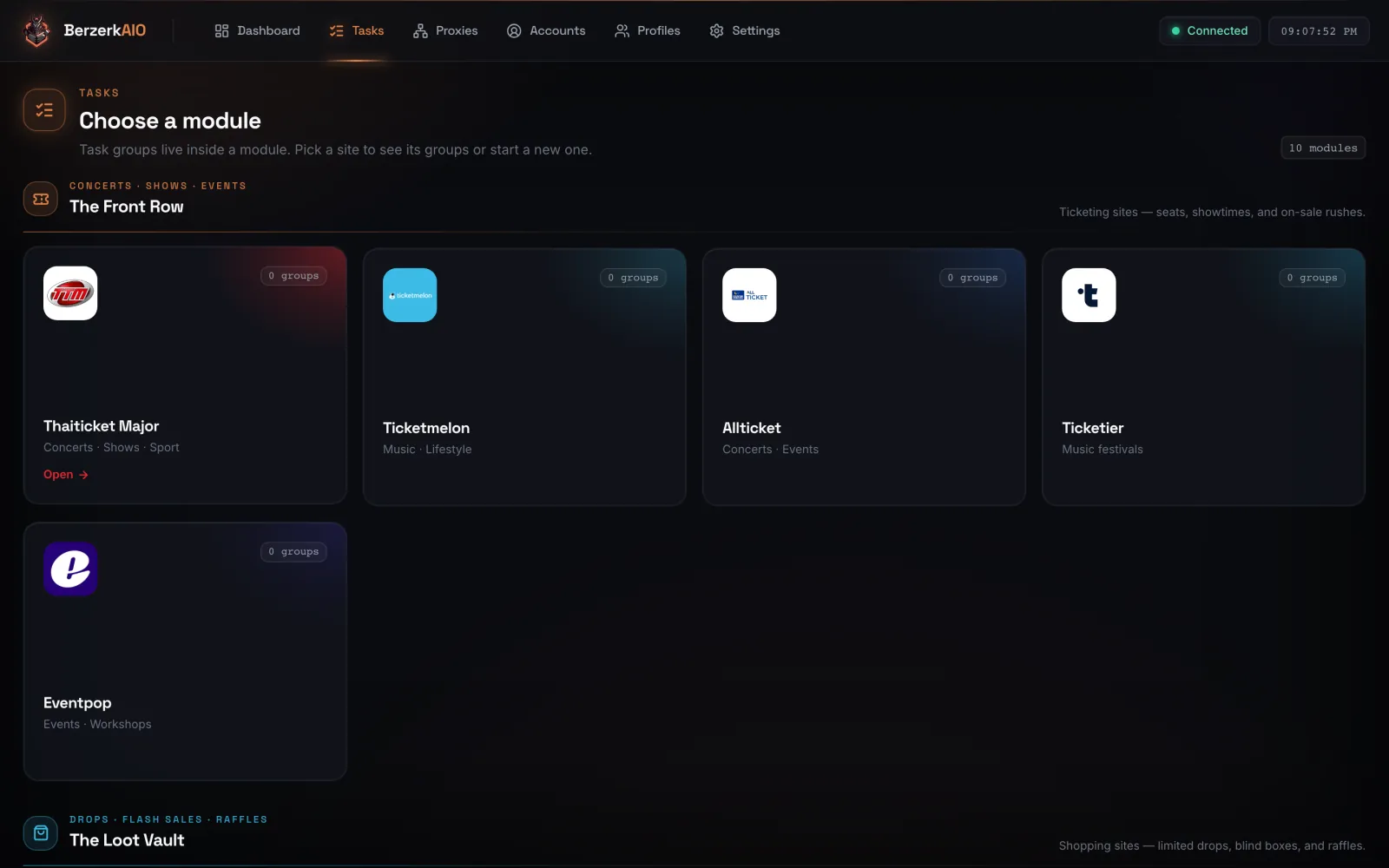 The Tasks page: pick a module from The Front Row ticketing sites or The Loot Vault shopping sites
